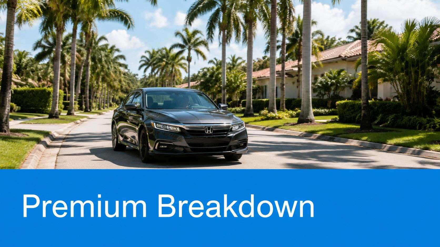 car insurance westchester fl sedan driving Affordable Car Insurance Westchester FL in 2026 Florida's average full-coverage cost is around $324 a month or $1,798 for a six-month policy in recent Florida rate guides, and that's exactly why Car Insurance Westchester FL shouldn't be treated like a race to the cheapest quote (Florida Office of Insurance Consumer Advocate guide). In Westchester, the primary job is getting the right protection for the money, because a bare-minimum policy can look affordable until a crash turns into a serious bill. A modern black sedan driving down a scenic, palm tree-lined residential street on a sunny day.