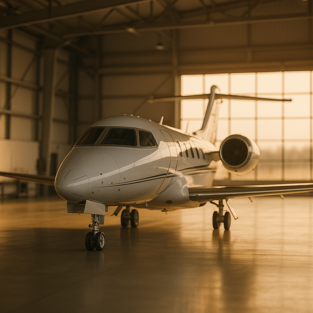 blog 10 Blog Home / Blog Our Blog Private aircraft inside a modern hangar during golden hour