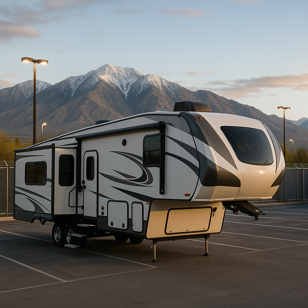 blog 11 Blog Home / Blog Our Blog A fifth wheel trailer parked in a secure, well-lit storage area